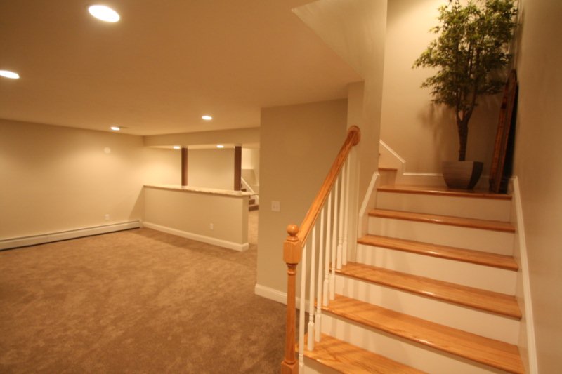 Remodeled basement with carpet and wood stairs