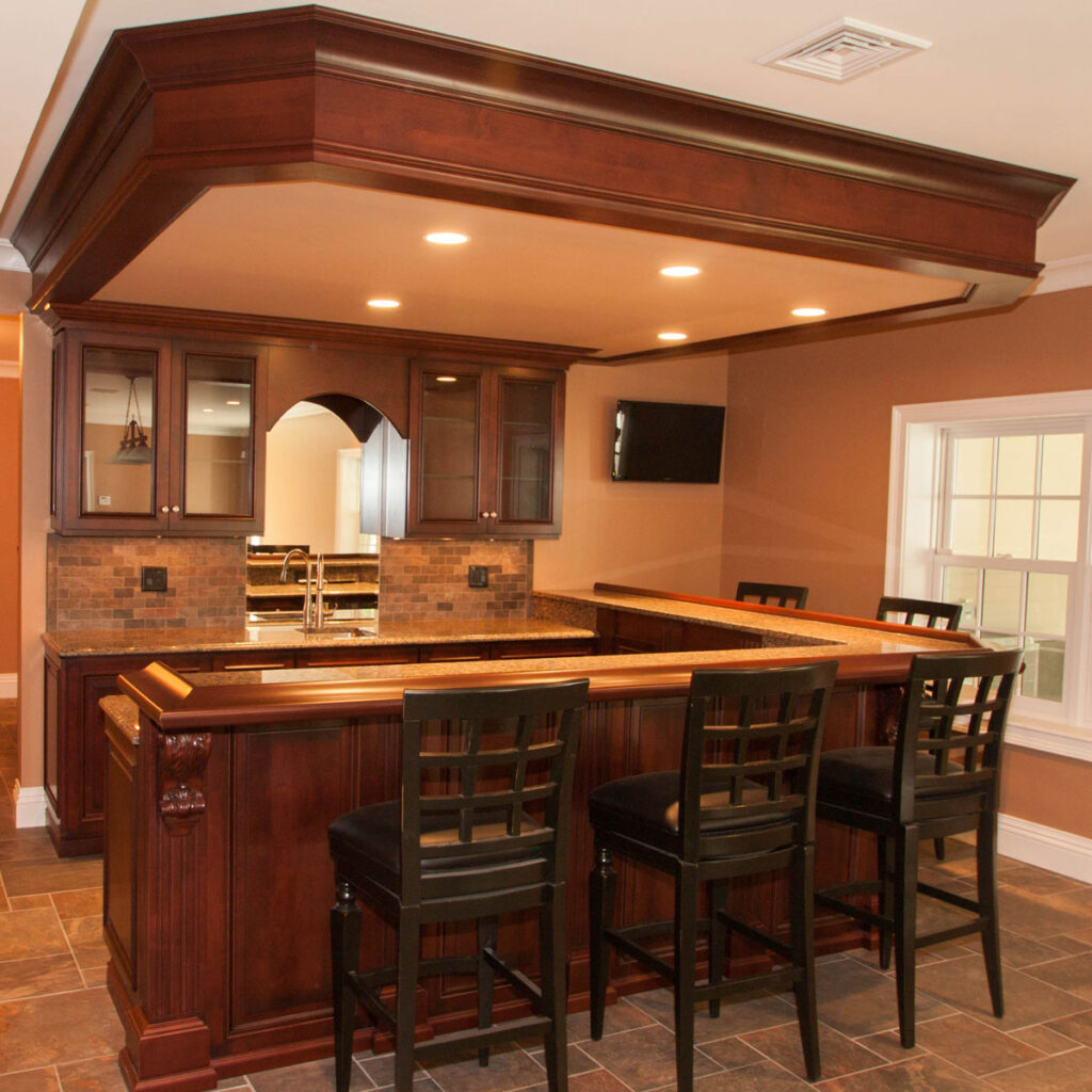 Custom pub style bar in finished basement, Hanover Ma